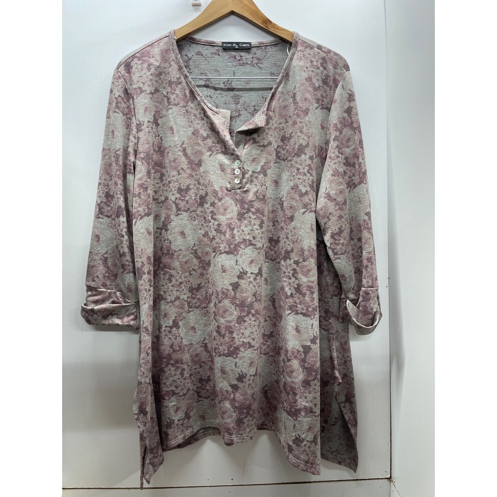 Kim & Cami Womens 2X Floral Henley Tunic Top Roll Tab Sleeve Purple Grey Knit